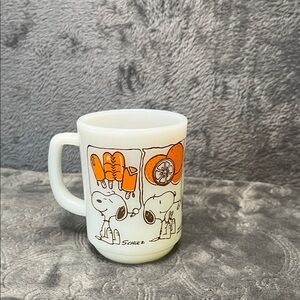 RARE Vintage Anchor Hocking White Milk Glass Snoopy Mug with Orange Accents